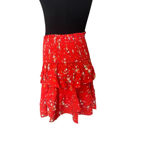 New ~ OLIVACEOUS ~ Floral Print Smocked Waist Tiered Ruffle Mini Skirt Size S - Picture 2 of 5